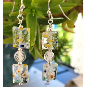 Colorful Millefiori Glass Earrings with Silver Findings Handmade Great Gift 2in